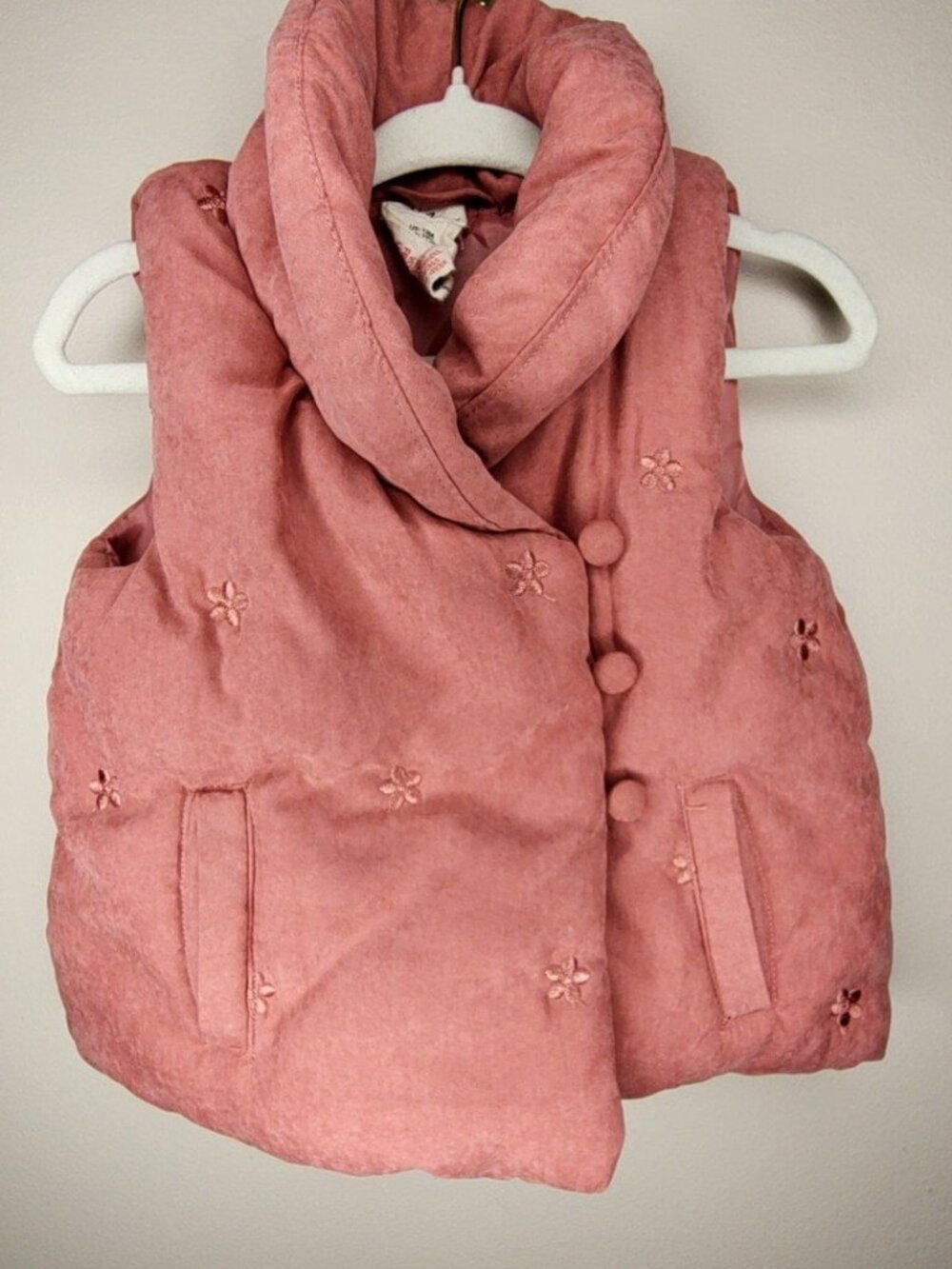 Happily Grey Puffer Vest — Dusty Pink, 12M | Floral Embroidery Baby Outerwear